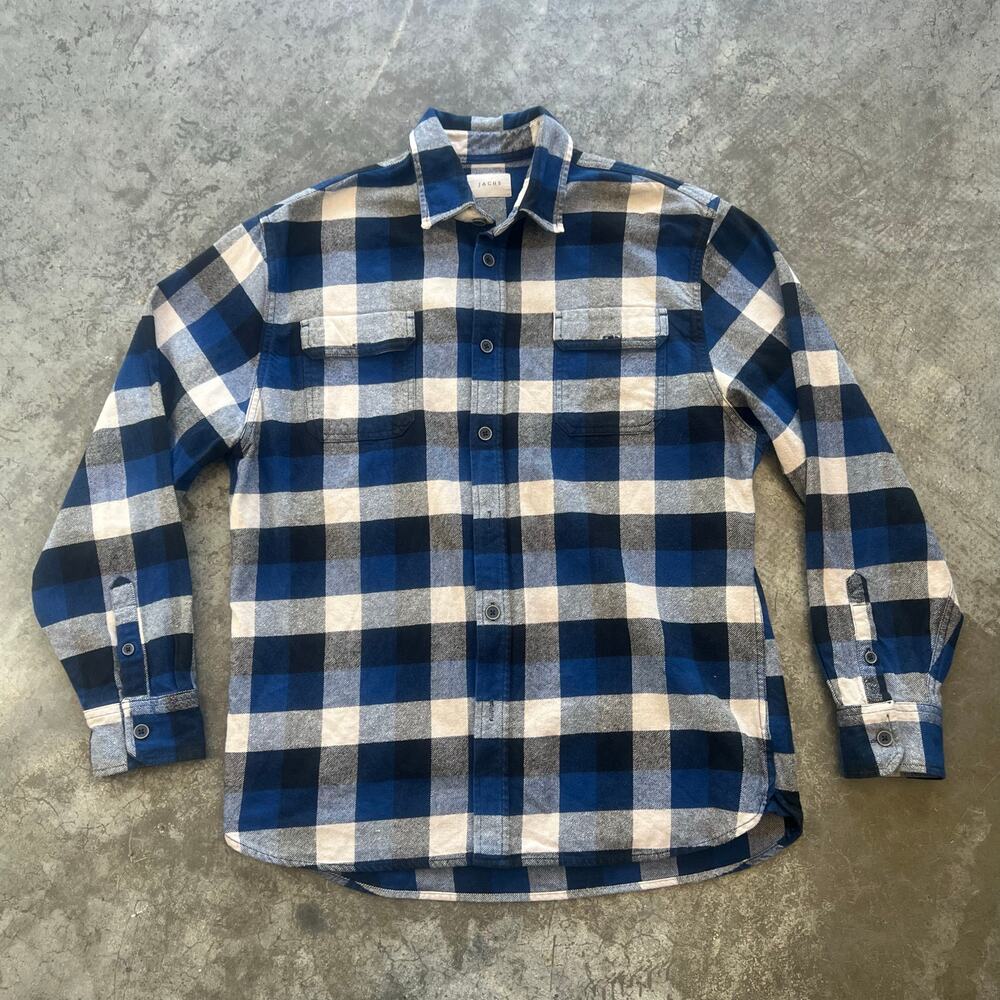 Jachs NY Heavyweight Brushed Flannel Work Shirt Blue Cream Black Buffalo Check